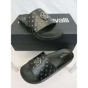 BLACK LEATHER SNAKE MEDALLION LOGO STUDS SANDALS 43 / 10 ITALY